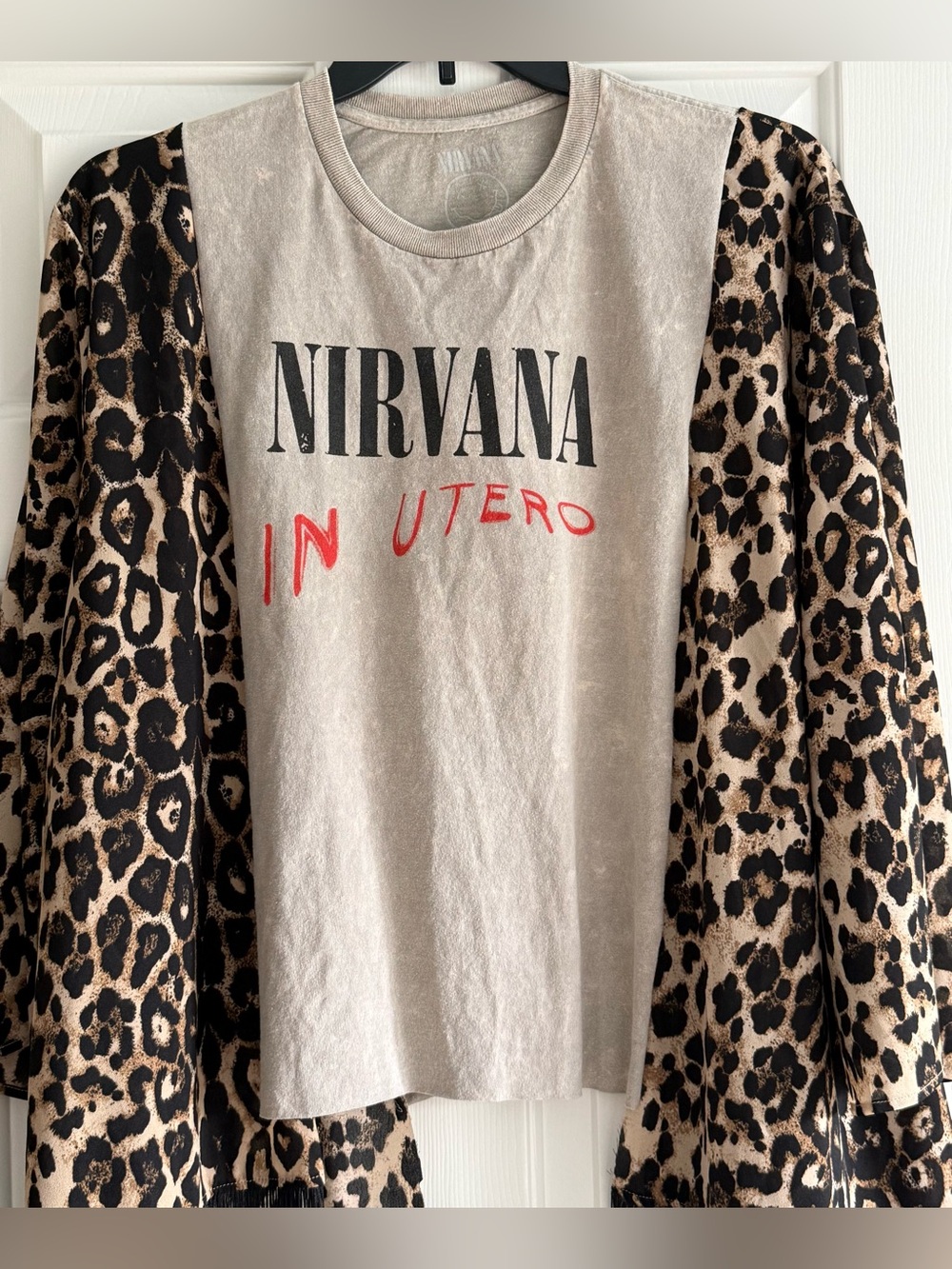 NIRVANA Custom Upcycled Graphic Tee Poncho Kimono Top Animal Print OSFM BOHO - Picture 2 of 3